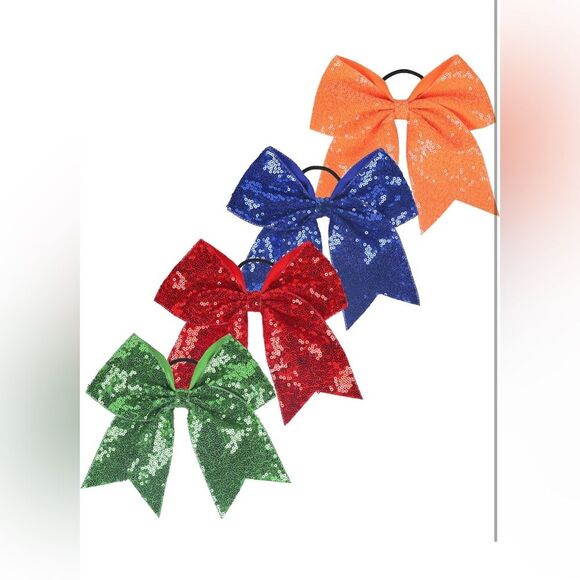 4 PACK 8" Girls Large Sequin Cheer Bows Teens Elastic Ponytail Hair Bow NIP - Picture 2 of 6